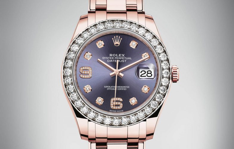 The purple dials copy watches are decorated with diamonds.