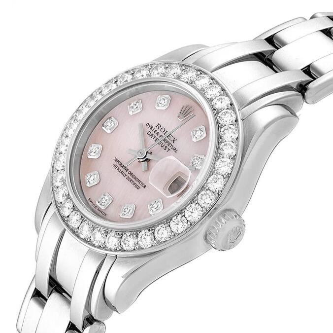 The 18ct white gold fake watch is decorated with diamonds.