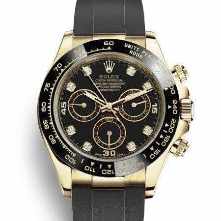 The black dial fake watch has 8 diamond hour marks.