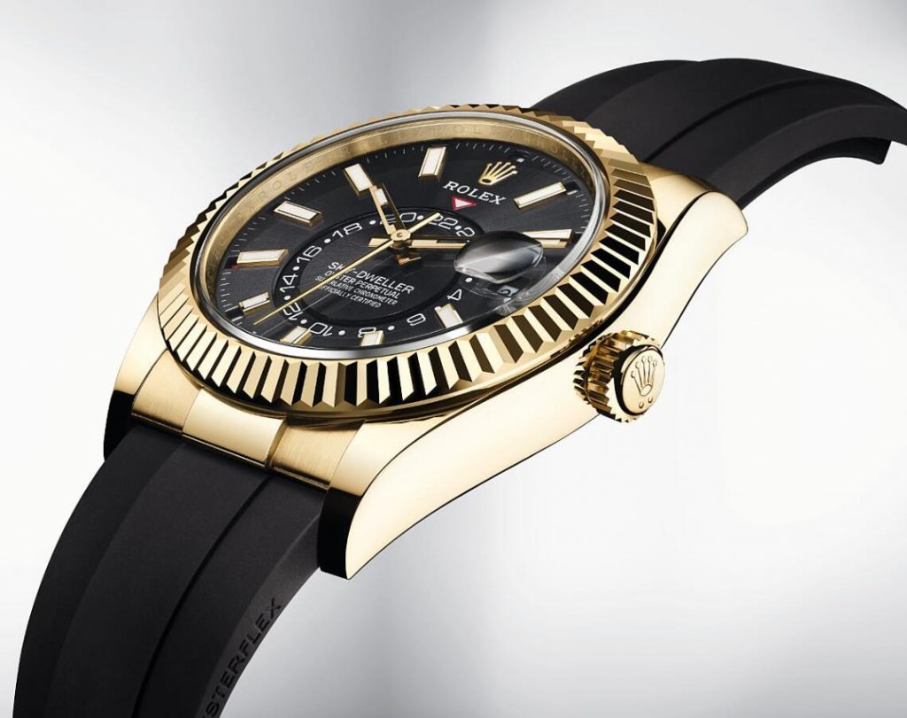 The black strap fake watch is made from 18ct gold.